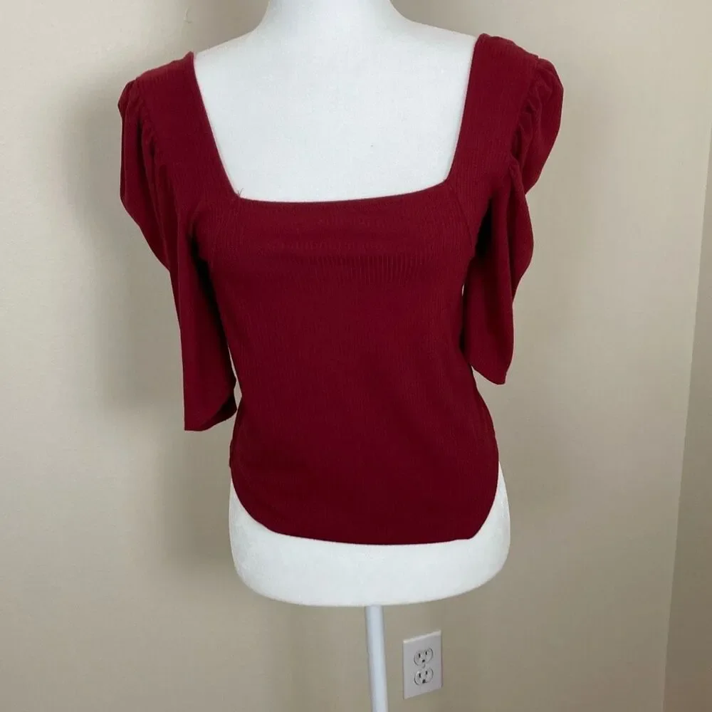 Free People We The Free Burgundy Ribbed Square Neck‎ Puff Sleeve Top Size Large